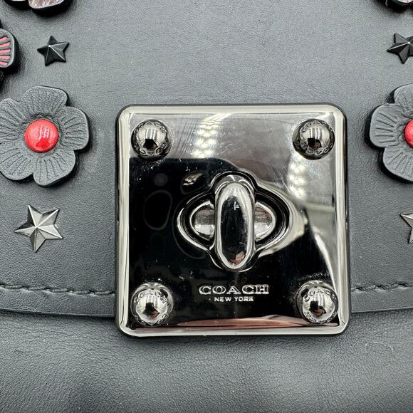 Coach Tea Rose Drifter Turnlock Satchel Floral Appliqué Black Leather 59522 - Picture 13 of 15